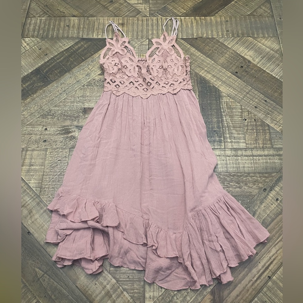 Free People Adella Slip Dress in Rose Mauve Pink - Crochet Lace & Ruffles Boho M